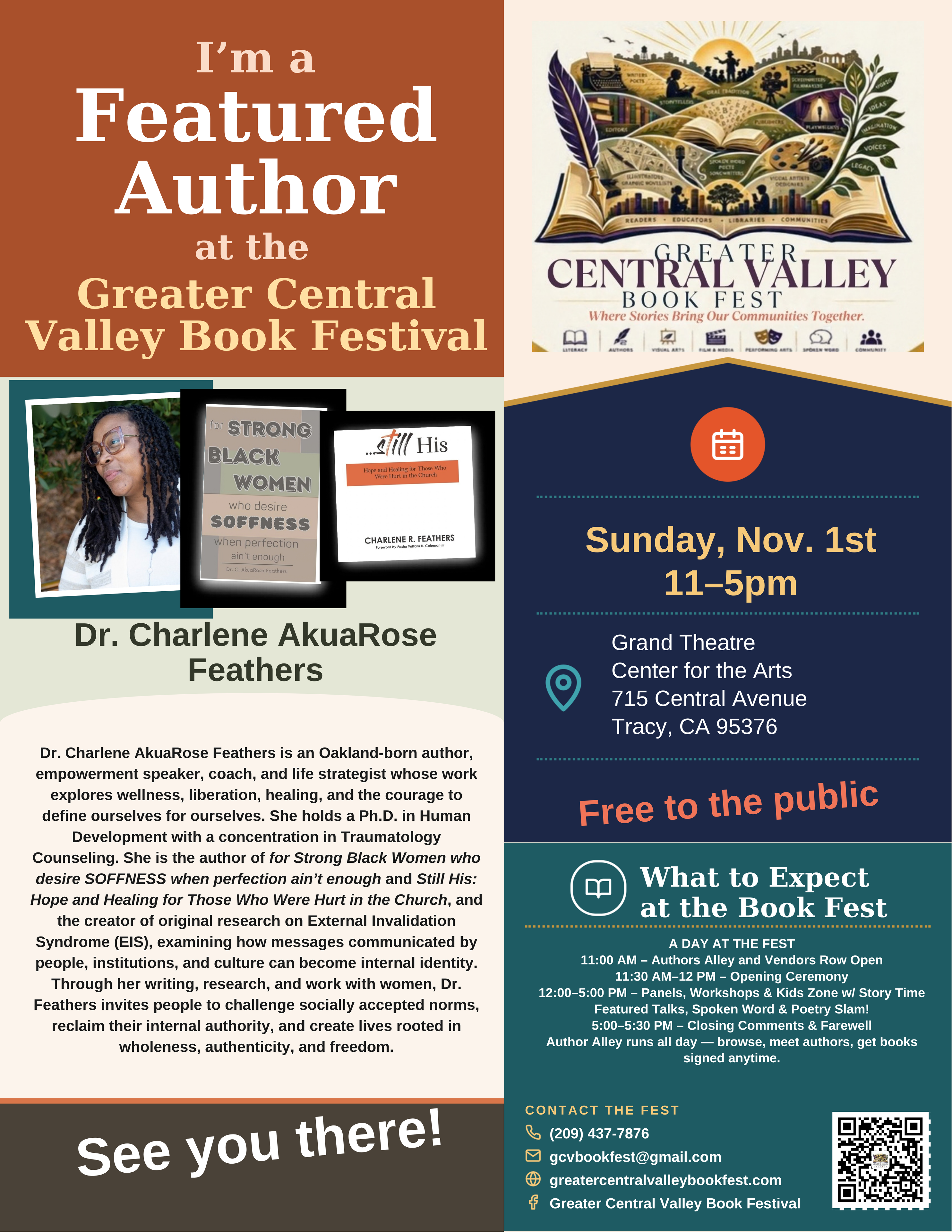 Dr. Charlene AkuaRose Feathers — Featured Author placard, Greater Central Valley Book Fest