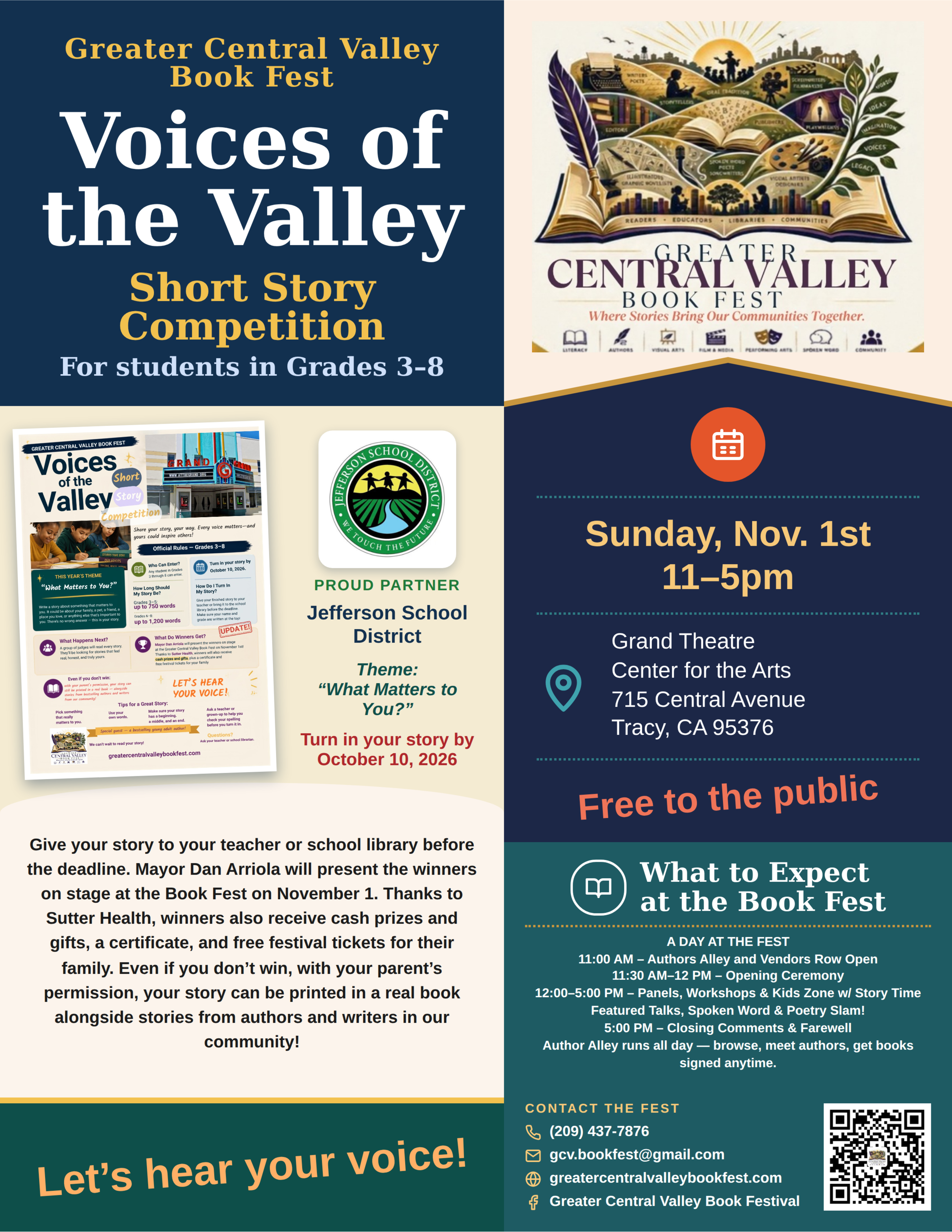 Voices of the Valley Short Story Competition flyer — Greater Central Valley Book Fest, for students in Grades 3–8, theme: What Matters to You?, deadline October 10, 2026
