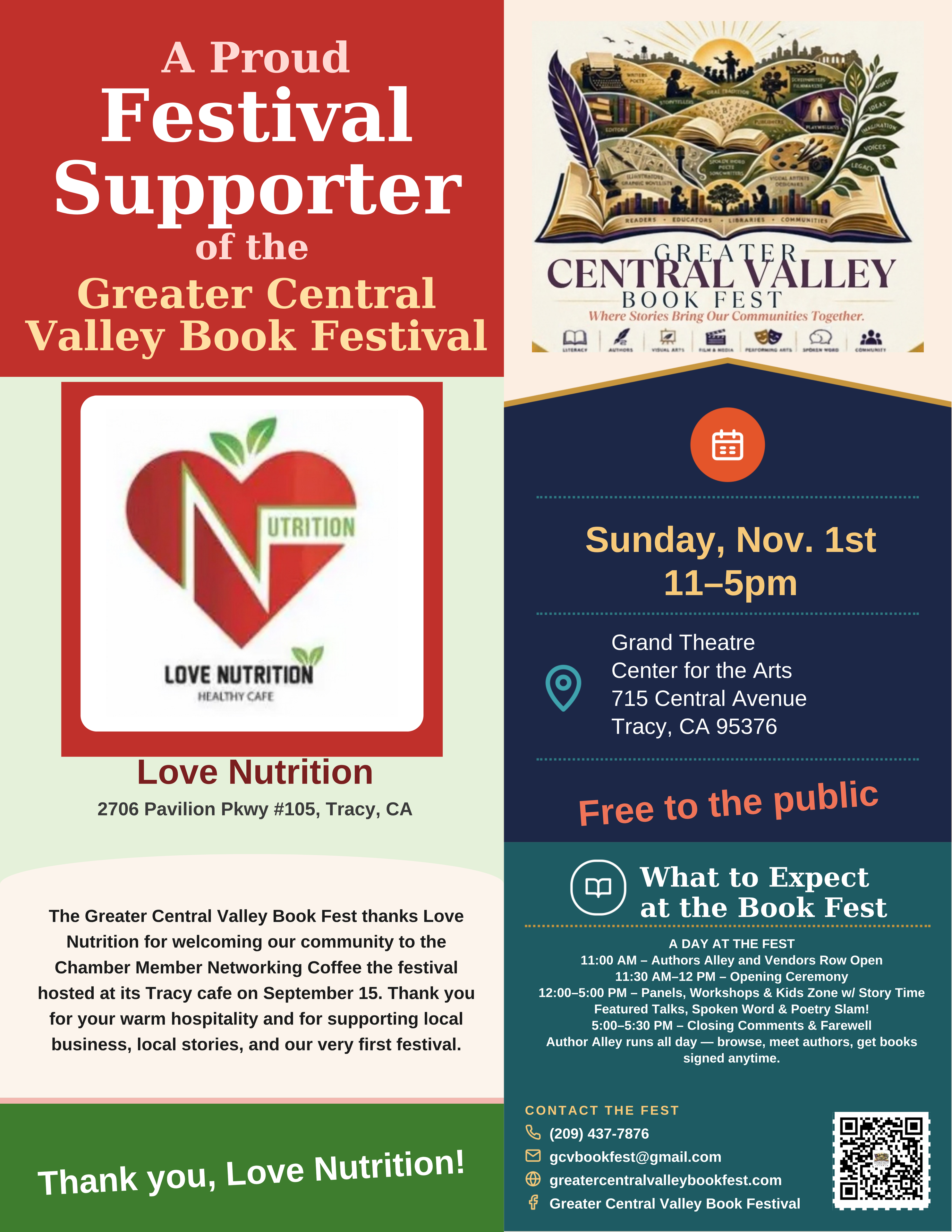 Love Nutrition Healthy Cafe — Festival Supporter placard, Greater Central Valley Book Fest