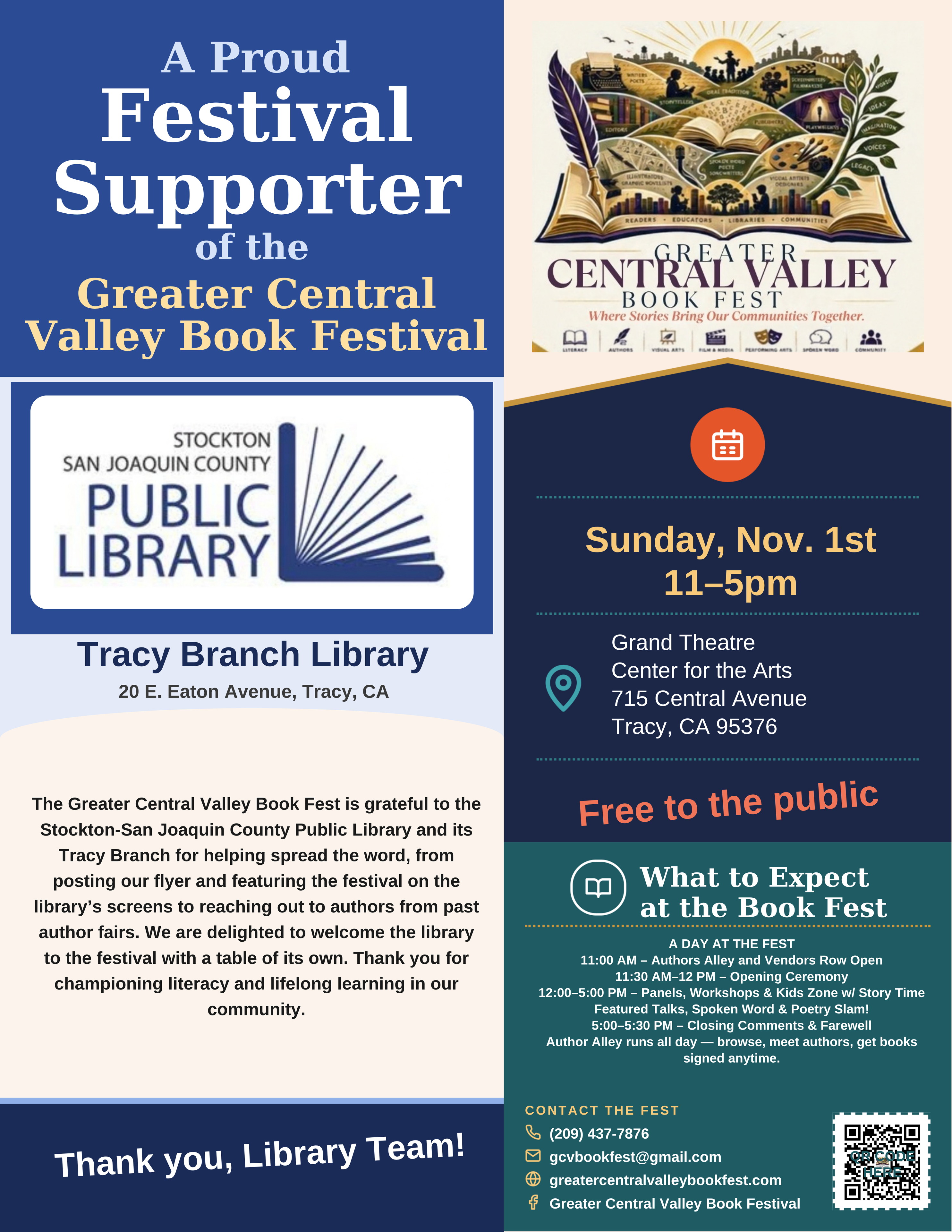 Stockton-San Joaquin County Public Library, Tracy Branch — Festival Supporter placard, Greater Central Valley Book Fest